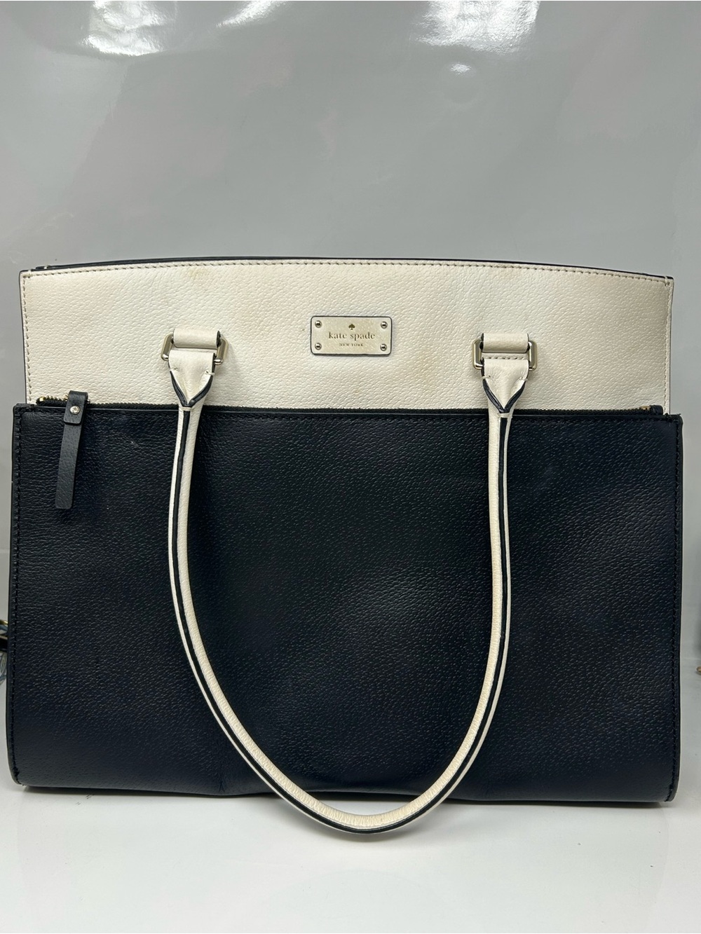kate spade Black and Cream Two-Tone Leather Tote with Top Handles